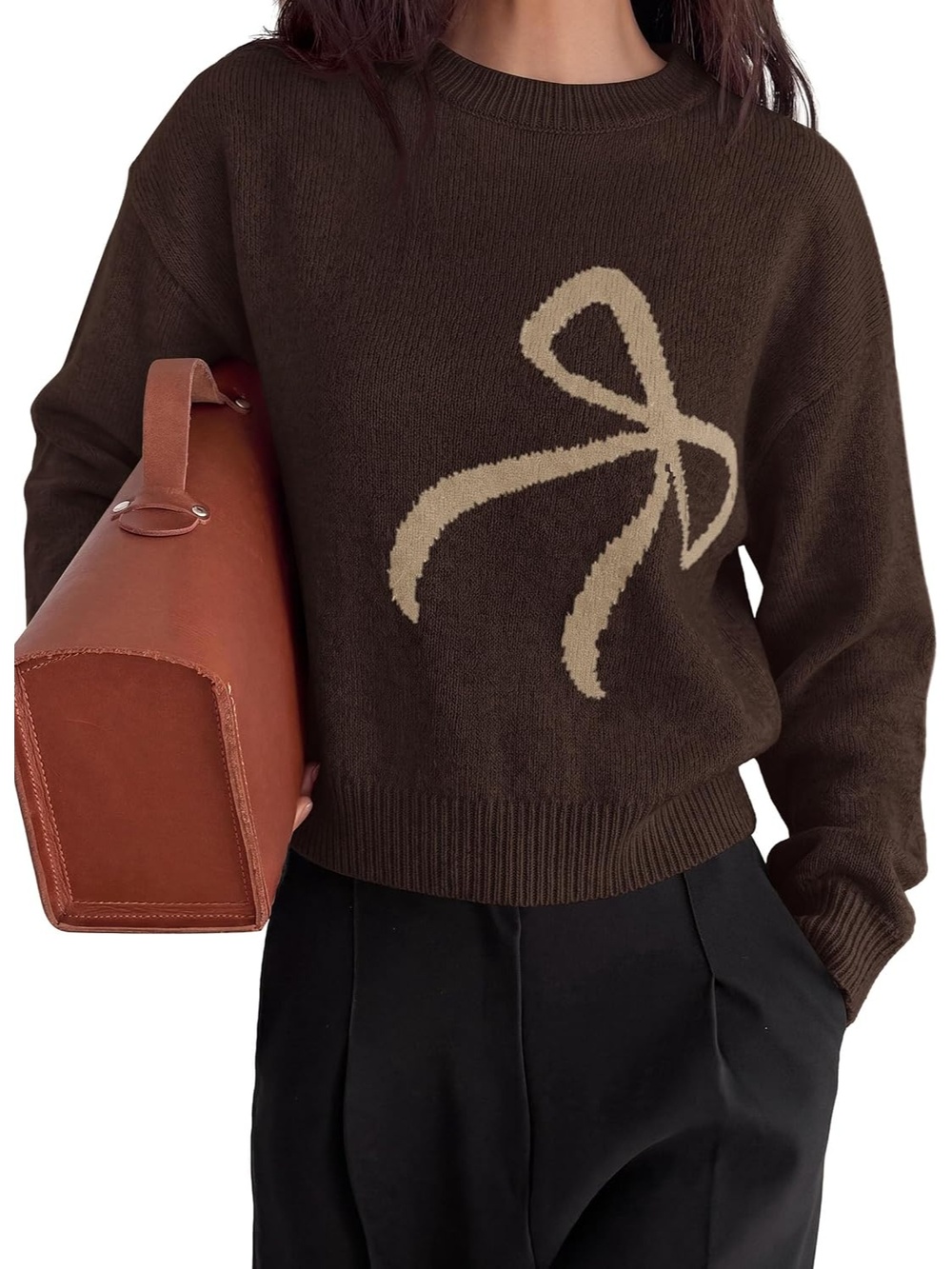 🆕Women's Brown Crewneck Long Sleeve Bow Knit Cozy Relaxed Pullover Sweater